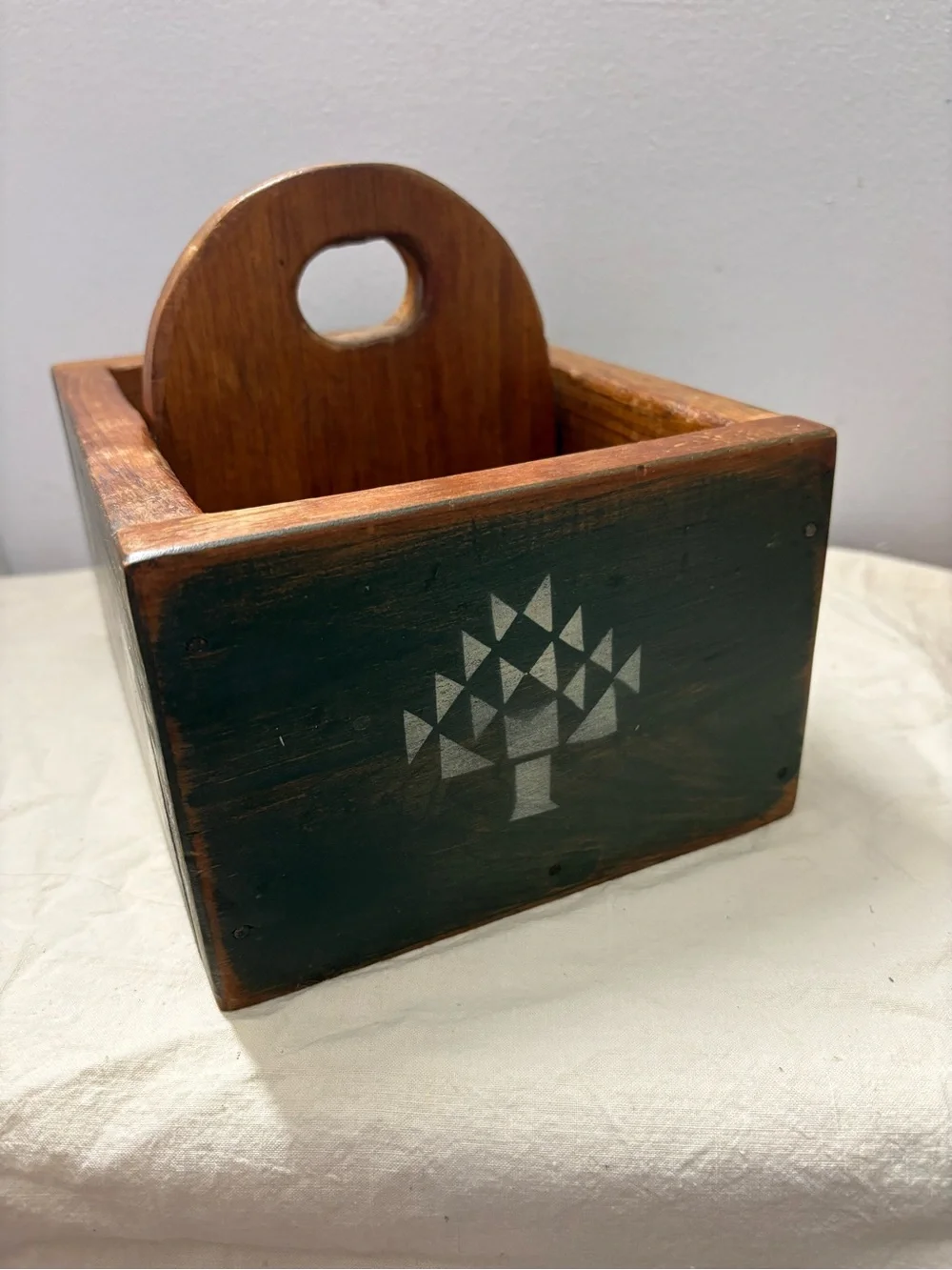 Handmade Wooden Tote Box with Stenciled Folk Motif